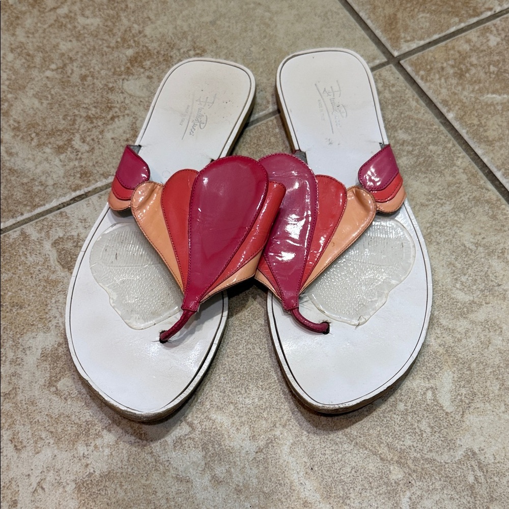 Auth PUCCI Women's Pink & Peach Leather Toe-Post Sandals sz 37.5 orig $350